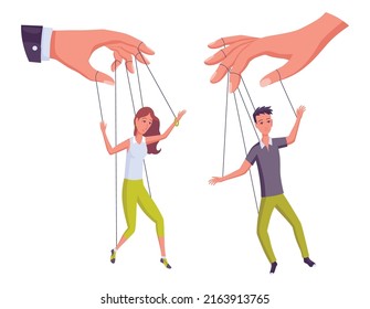 Puppeteer hands controlling puppets, manipulator concept. Worker being controlled by puppet master. Manipulates peopl like a puppets. Employer domination exploitation or authority manipulator