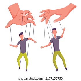 Puppeteer hands controlling puppets, manipulator concept. Worker being controlled by puppet master. Manipulates peopl like a puppets. Employer domination exploitation or authority manipulator