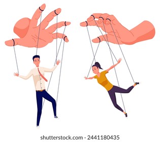 Puppeteer hands controlling puppets, manipulator concept. Worker being controlled by puppet master. Manipulates peopl like puppets. Employer domination exploitation or authority manipulator