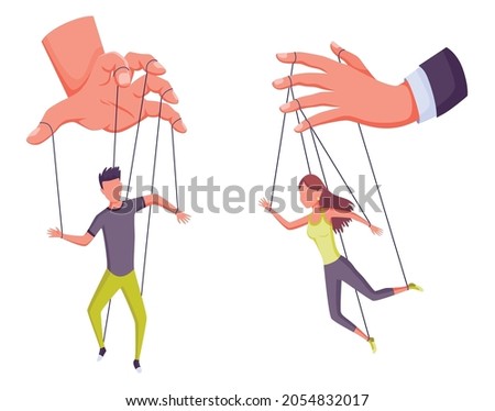 Puppeteer hands controlling puppets, manipulator concept. Worker being controlled by puppet master. Manipulates peopl like a puppets. Employer domination exploitation or authority manipulator