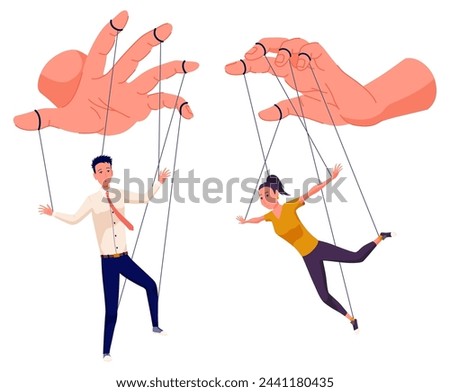 Puppeteer hands controlling puppets, manipulator concept. Worker being controlled by puppet master. Manipulates peopl like puppets. Employer domination exploitation or authority manipulator