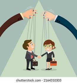 Manos de titiritero sujetando cuerdas de marionetas controlando el apretón de manos de hombres y mujeres, dibujo de dibujos animados vectoriales ilustradores