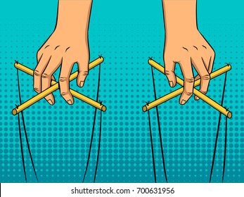 Puppeteer Hands Pop Art Style Vector Illustration. Comic Book Style Imitation