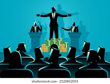 Puppeteer with a pile of money, manipulating a politicians at a podium with strings. This concept represents the influence and control of power by the wealthy elite, corruption, and plutocracy