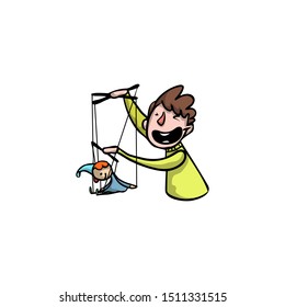 Puppeteer with a puppet of the clown. Raster illustration in flat cartoon style