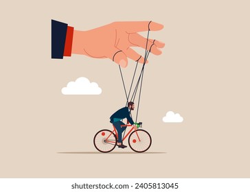 Puppets with Bicycle in the business meeting. Exploitation, authority, dictator or slave concept. Flat vector illustration