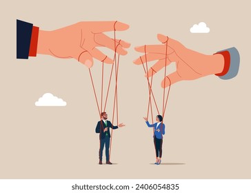 Puppets in the business meeting. Exploitation, authority, dictator or slave concept. Flat vector illustration