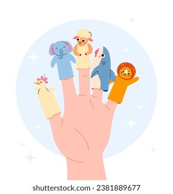 Puppets at fingers concept. Theatrical performance for kids. Lion, elephant, shark and sheep. Entertainment and fun. Cartoon flat vector illustration isolated on white background