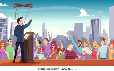 Puppets manipulation background. Business characters manipulates and holding people on strings how puppets exact vector psychology concept