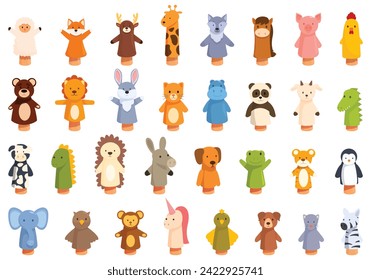 Puppets show icons set cartoon vector. Adult dolly. Children watching tent