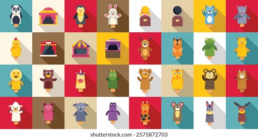 Puppets show icons set. Colorful set of puppets depicting various animals and characters, ready to bring stories to life on a miniature stage