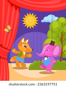 Puppets show scene. Puppetry theatre. Marionette dolls. Theatrical fairytale performance. Animal on stage with red curtain and decorations. Kids entertainment. Splendid