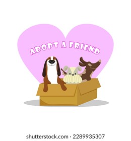 Puppies in a cardboard box. Adopt a pet from a shelter. Vector illustration with animals. For flyers, covers, advertisements, posters, veterinary clinics and shops, for volunteer shelters.