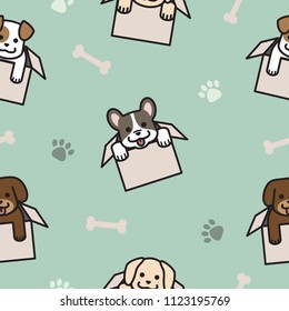 puppies in cardboard boxes seamless pattern in colorful background, outline cartoon style