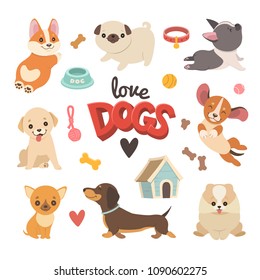 Puppies collection. Vector illustration of cute cartoon different breeds dogs, such as Corgi, French Bulldog, pug, Beagle, Labrador, Chihuahua and Dachshund. Isolated on white.