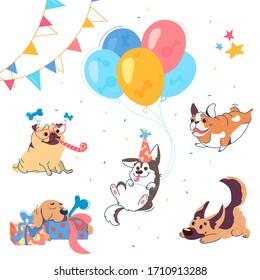 Puppies of different breeds at party: Labrador, Husky, German Shepherd, Pug, American Bulldog. Dogs have a birthday. Husky is flying in balloons. Vector set in cartoon style for party, print, textile