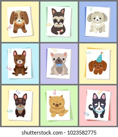 Puppies and dogs poster set, collection of pets pictures, creatures of different breeds and colors, in cap and bows, isolated on vector illustration. Dog on a piece of paper clamped with a paper clip