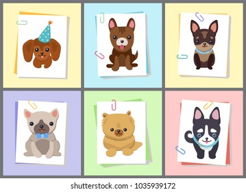 Puppies and dogs poster set, collection of pets pictures, creatures of different breeds and colors, in cap and bows, isolated on vector illustration. Dog on a piece of paper clamped with a paper clip