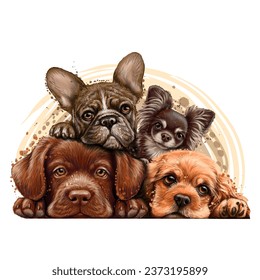 Cachorros. Retrato gráfico, a color de cachorros al estilo acuarela sobre fondo blanco. Pegatina de pared. Gráficos vectoriales digitales.