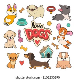 Puppies patches collection. Vector illustration of cute cartoon different breeds dogs, such as Corgi, French Bulldog, pug, Beagle, Labrador, Chihuahua and Dachshund. Isolated on white.