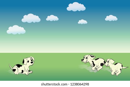 Puppies are playing on green ground.