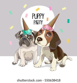 Puppies Pug and Beagle in a Party Top Hat. Vector illustration.