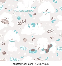 Puppies Seamless pattern . Funny white little poodle dogs in a daily routine. Vector illustration in pastel palette.