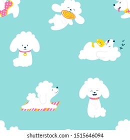 Puppies Seamless pattern . Funny white little poodle dogs in a daily routine. Vector illustration.