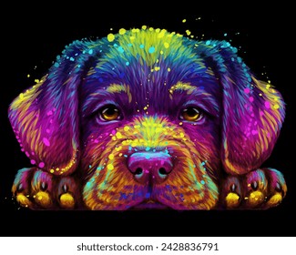 Puppy. Abstract, multicolored portrait of a Labrador puppy in watercolor style on a black background. Digital vector graphics.