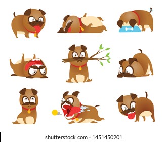 Puppy activity set. Cartoon dog set. Dogs tricks icons and action training digging dirt eating pet food jumping wiggle sleeping running and barking brown happy cute animal poses.