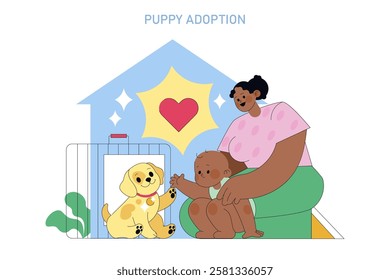 Puppy Adoption Concept. A joyful scene of a puppy meeting a child, highlighting the bond in pet adoption. Celebrates the excitement of welcoming a new furry friend into a loving home. Vector