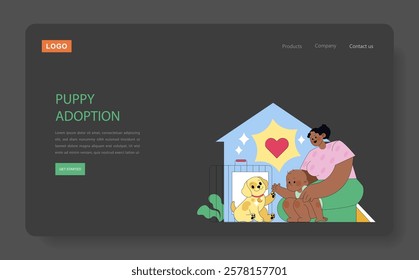 Puppy Adoption concept. Promotes a loving environment for adopting puppies. Illustrates a joyful scene of a woman and a child engaging with adorable puppies at a welcoming shelter. Highlights the