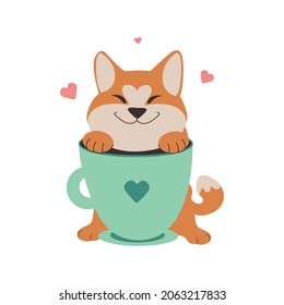 The puppy is an Akita with cup is good for coffee shops, posters, stickers. The dog in love for holiday designs. The vector illustration