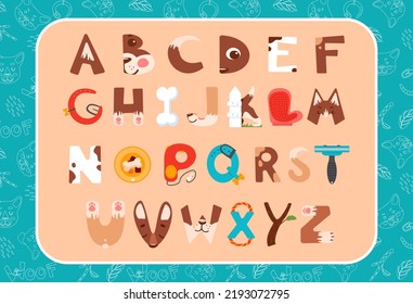 Puppy alphabet. Letters with dog muzzles, paws, toys and care items. Bright funny cartoon style vector illustration. For kids, school, nursery, poster, birthday, wallpaper, design elements.