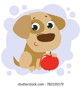 Puppy with apple. Cute cartoon animal character. Dog on blue background. Animal with fruits.