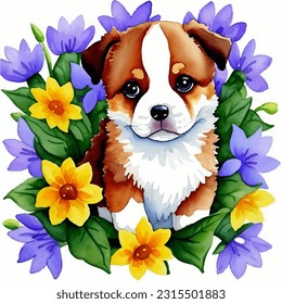 Puppy baby dog pet animal among garden flowers vector illustration.