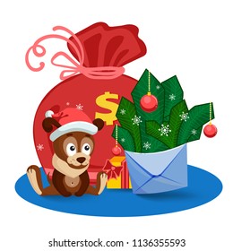 A puppy, a bag, gifts and an envelope with fir branches and bolls in front of the big bag.