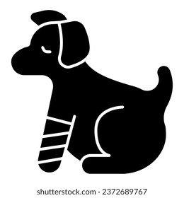 Puppy with bandaged paw solid icon, animal hospital concept, Dog with an injured leg sign on white background, Pet with wounded paw in bandage icon in glyph style. Vector graphics svg