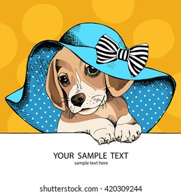 Puppy Beagle in a blue summer hat with a bow. Vector illustration.