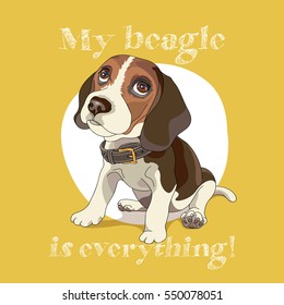 Cachorro Beagle en un collar sobre fondo amarillo. Ilustración vectorial.