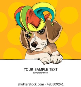 Puppy Beagle in a Fool's hat. Vector illustration.