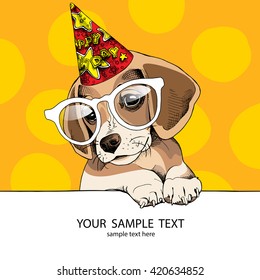 Puppy Beagle in a glasses and in a party hat. Vector illustration.