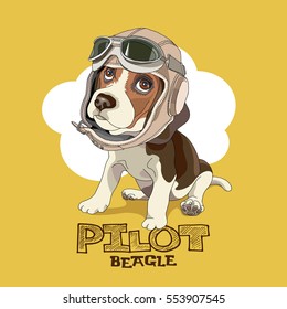 Puppy Beagle in a leather pilot hat on a yellow background. Vector illustration.