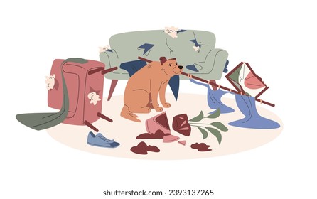 Problema de comportamiento de cachorros. Perro destruyó herramientas y muebles. Triste mascota y objetos interiores dañados. Escena de dibujos animados del vector kicky animal travieso