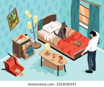 Puppy behavior problem isometric background with owner looking at doggy pet sitting on bed in messy room vector illustration