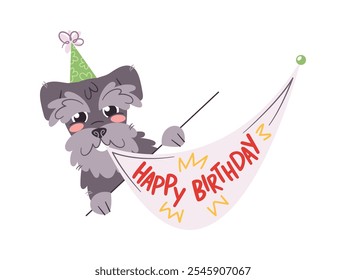 Puppy with birthday greeting placard