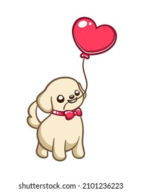 Puppy biting heart shaped balloon string illustration clipart