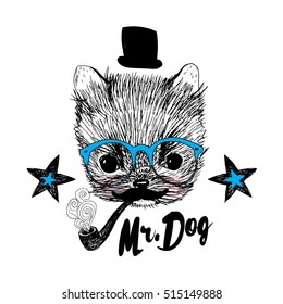 Puppy and blue glasses and stars illustration isolated on white background
