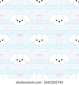Puppy  bow on Fabric pattern, blue lines pattern, blue background, gift wrapping paper , seamless pattern 