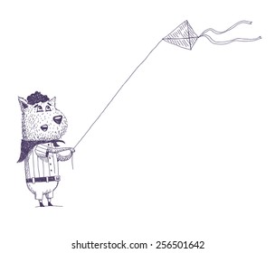 Puppy boy scout hand drawn vector character flying a kite